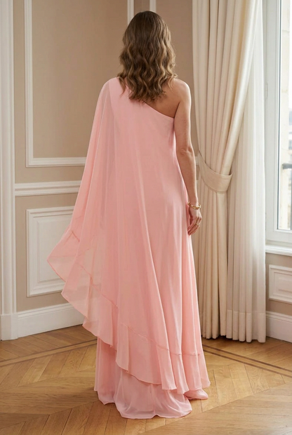 One-Shoulder Cape Sleeve Ruffled Maxi Dress