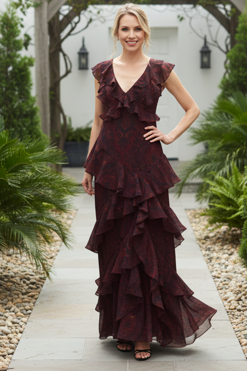 Tiered Ruffle Paisley Print Maxi Dress with V-Neck