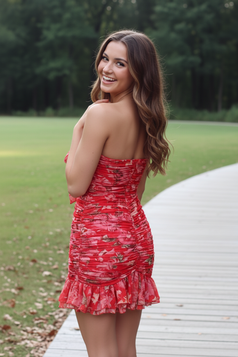 Floral Print Ruched Bodycon Mini Dress with Bow Detail