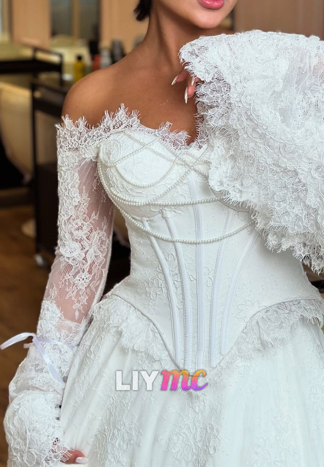 Off-the-Shoulder Lace Corset A-Line Wedding Dress
