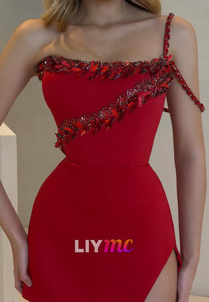 Asymmetric Beaded Mini Dress with High Slit