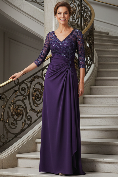 Sequin Bodice Ruched Evening Gown with 3/4 Sleeves