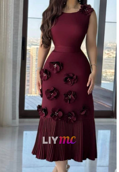 3D Floral Sleeveless Midi Dress with Pleated Hem