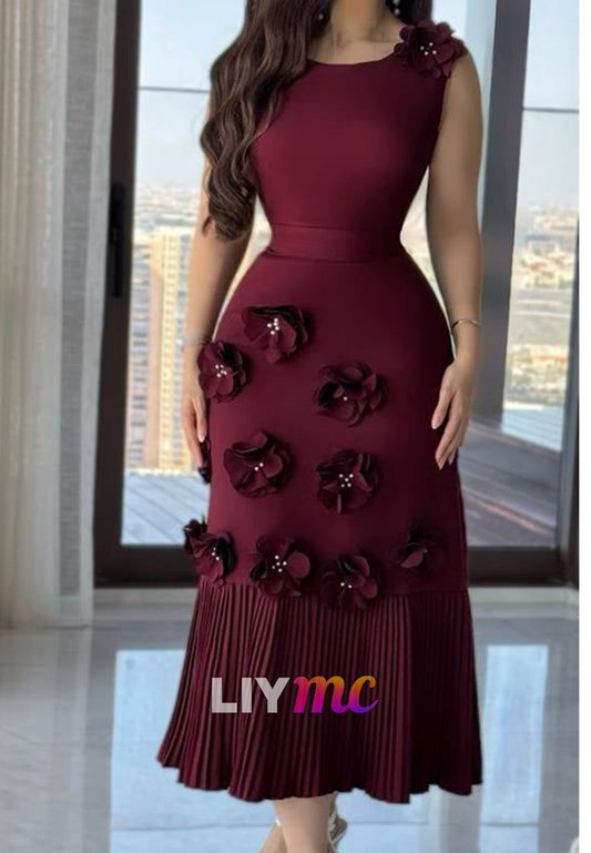 3D Floral Sleeveless Midi Dress with Pleated Hem