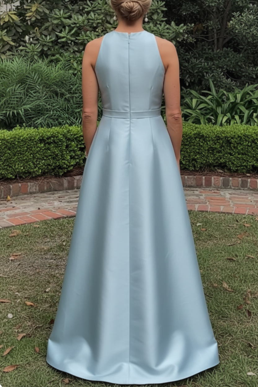 Sleeveless Split-Neck A-Line Gown with Waist Bow