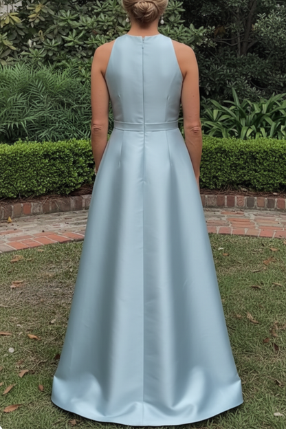 Sleeveless Split-Neck A-Line Gown with Waist Bow