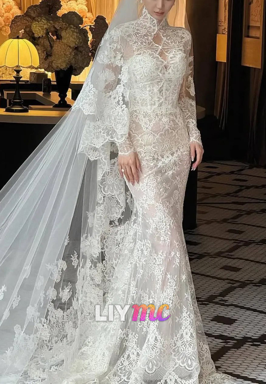 Long Sleeve High Neck Mermaid Lace Wedding Dress