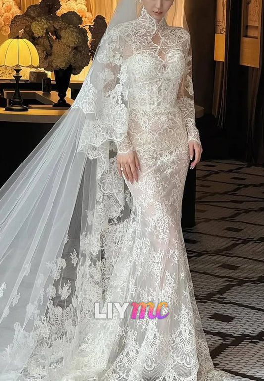 Long Sleeve High Neck Mermaid Lace Wedding Dress