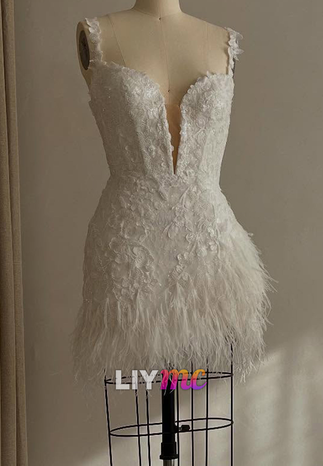 Floral Appliqué Feather Trim Deep V Mini Dress