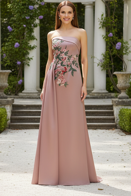 Strapless Floral Embroidered Satin A-Line Gown