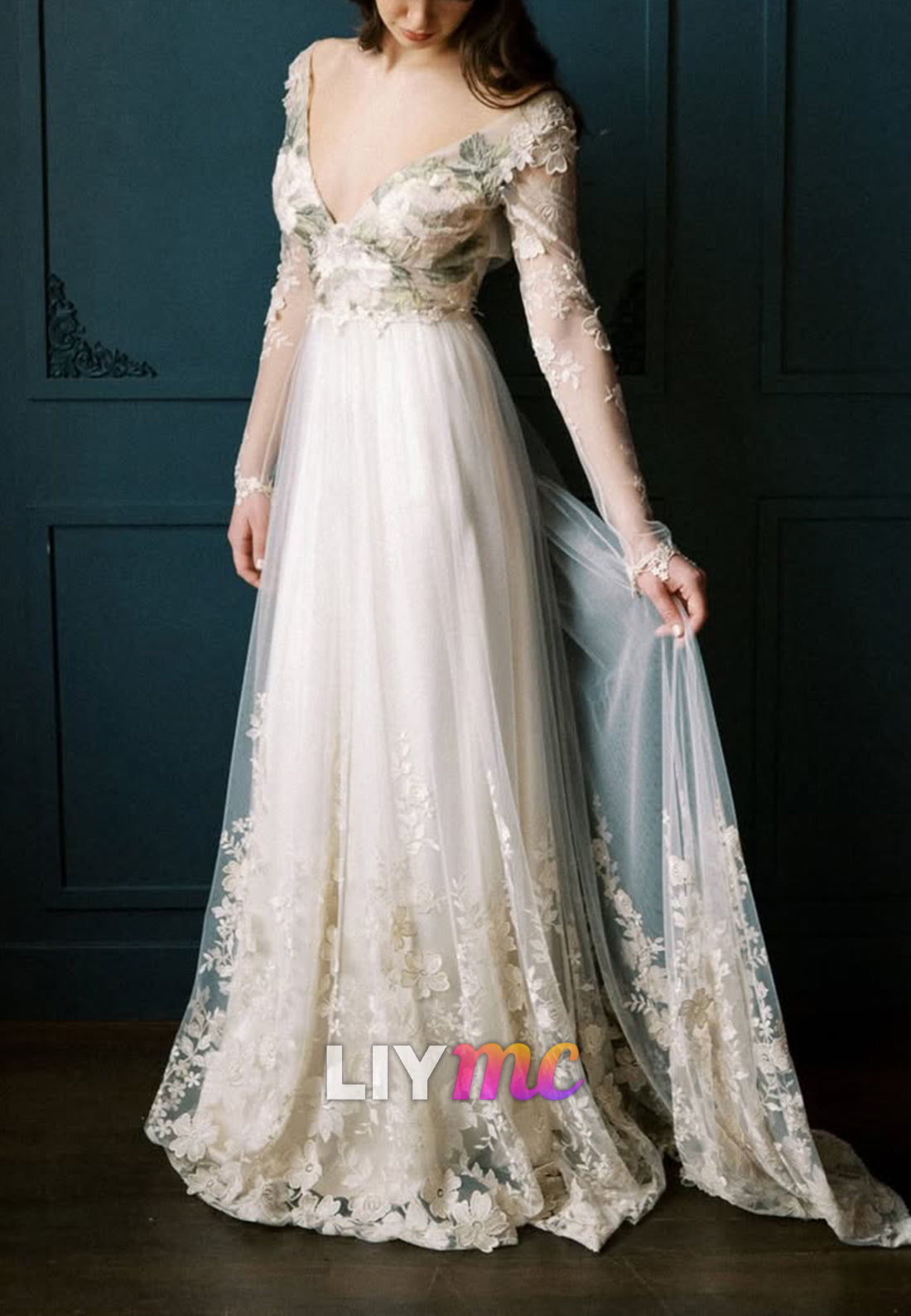 Floral Lace A-Line Wedding Dress with Illusion Sleeves