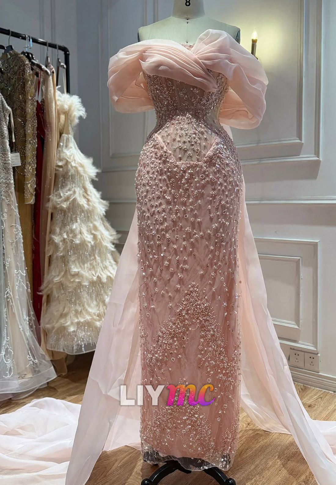 Beaded Off-the-Shoulder Gown with Train