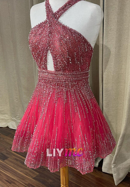 Halter Keyhole Beaded Mini Dress