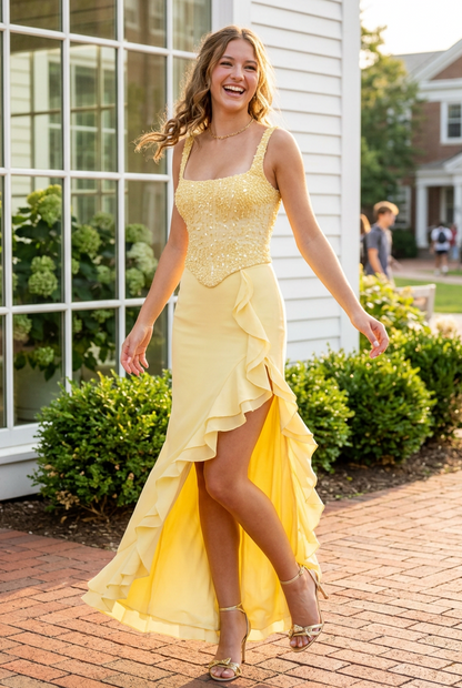 Sequined Corset Gown with Cascading Ruffle Slit