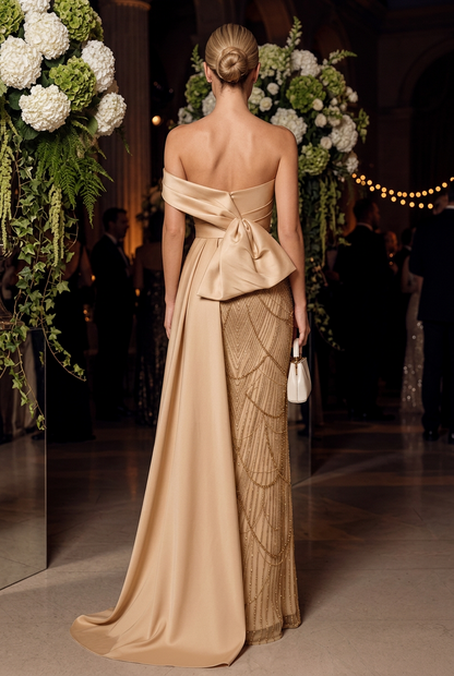 One-Shoulder Beaded Evening Gown with Bow Train