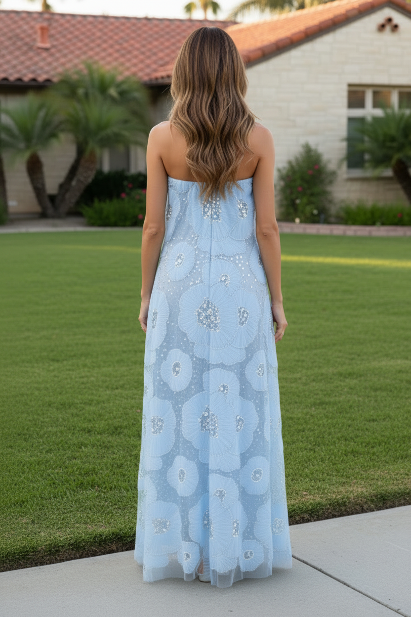 Strapless Sequin Floral Mesh Maxi Dress