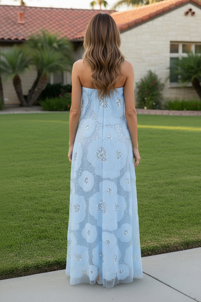 Strapless Sequin Floral Mesh Maxi Dress