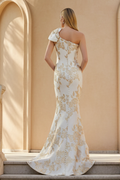 One-Shoulder Floral Jacquard Evening Gown