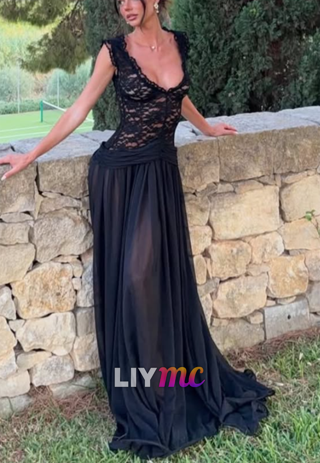Lace Bodice Sheer Chiffon Maxi Evening Gown