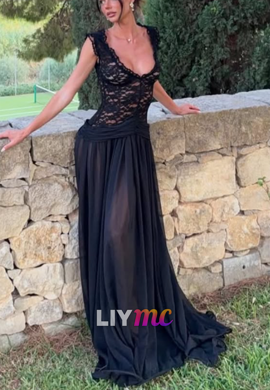 Lace Bodice Sheer Chiffon Maxi Evening Gown