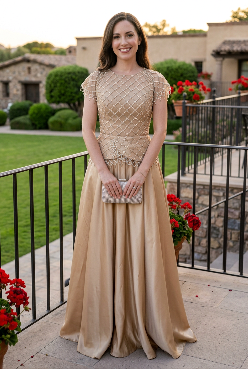 Beaded Peplum Gown with Satin A-Line Skirt