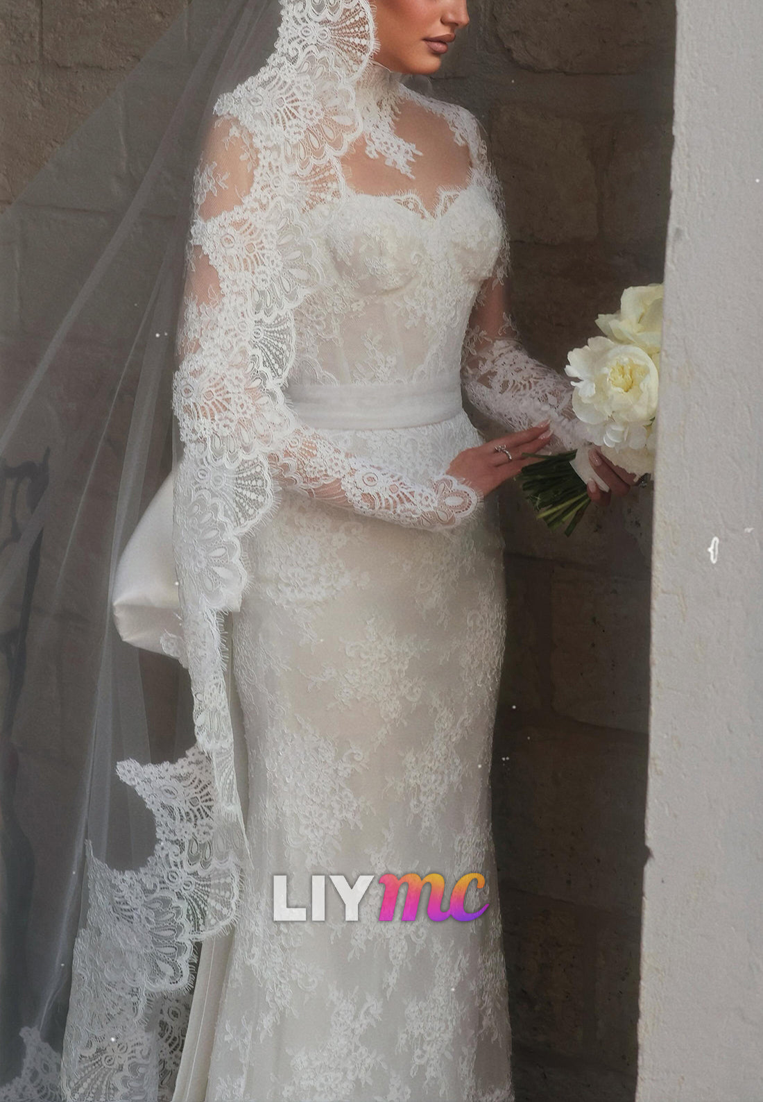 High Neck Lace Long Sleeve Wedding Dress with Satin Bow
