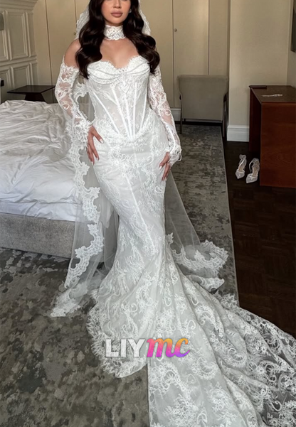 Long Sleeve Lace Mermaid Wedding Dress with Train