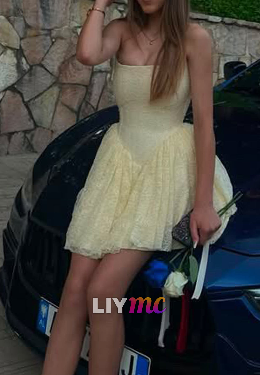 Strapless Lace Basq Waist Mini Dress