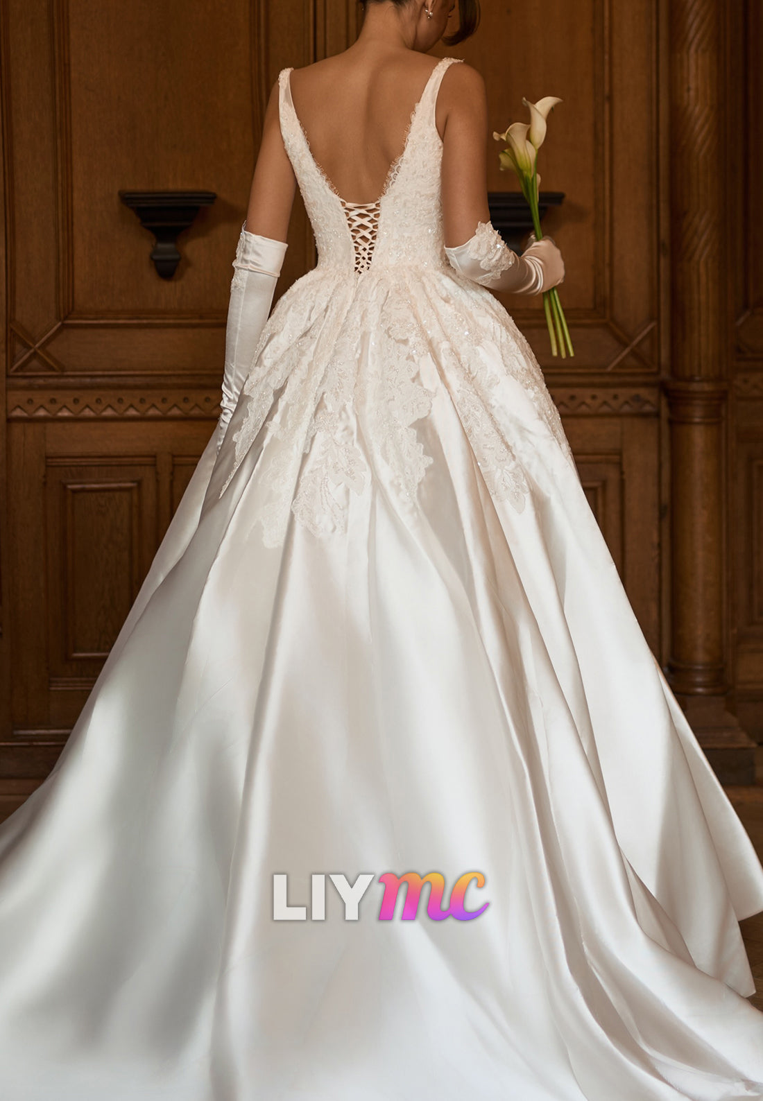Square Neck Lace Applique Satin Ball Gown Wedding Dress