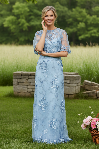 3D Floral Applique Flutter Sleeve Evening Gown