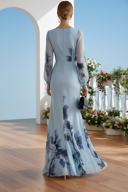 Floral Print V-Neck Long Sleeve Mermaid Evening Dress