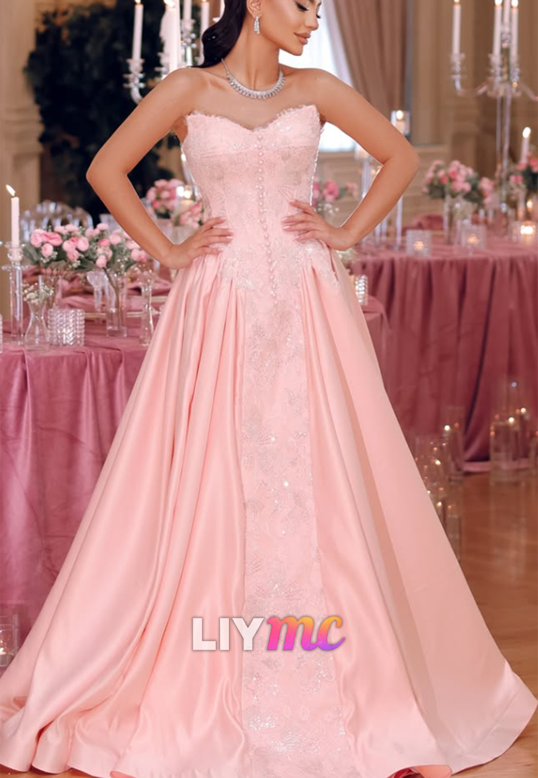 Strapless Lace Inset Ball Gown Formal Dress