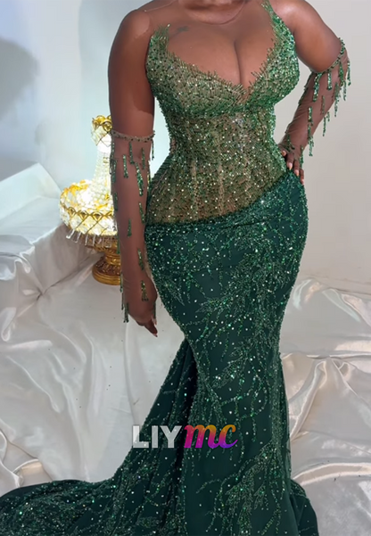 Beaded Illusion Mermaid Gown with Fringe Sleeves