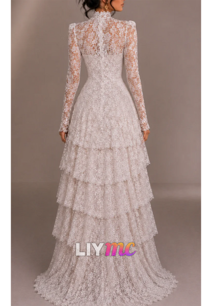 Long Sleeve Lace High Neck Tiered Ruffle Maxi Dress