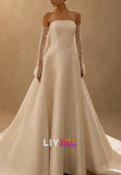 Off Shoulder Lace Sleeve A-Line Wedding Gown