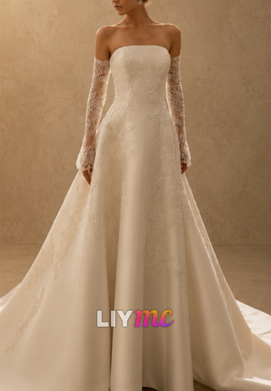 Off Shoulder Lace Sleeve A-Line Wedding Gown