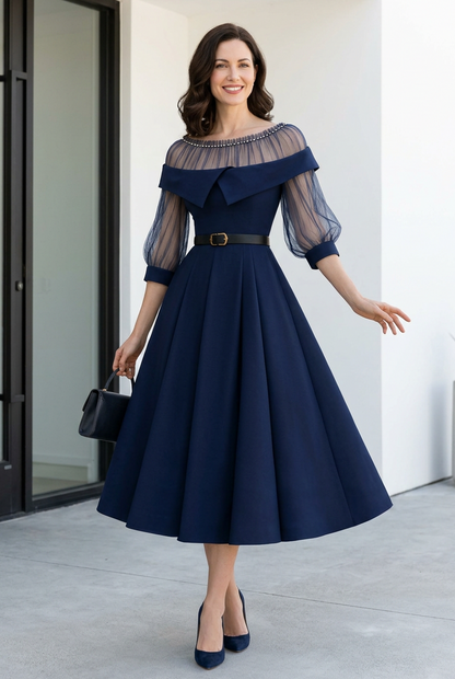 Illusion Neck Pleated A-Line Midi Dress