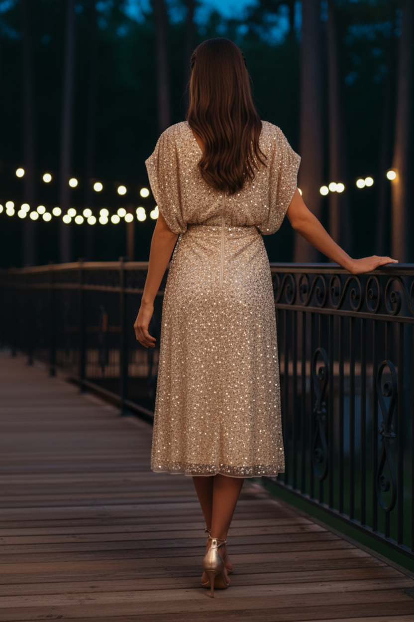 Sequin Draped Bodice V-Neck Midi Dress