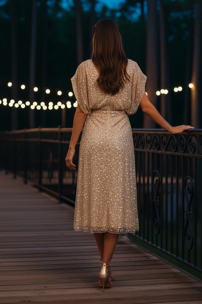 Sequin Draped Bodice V-Neck Midi Dress