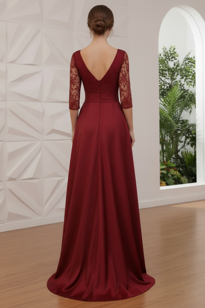 V-Neck Lace Bodice Satin A-Line Evening Dress