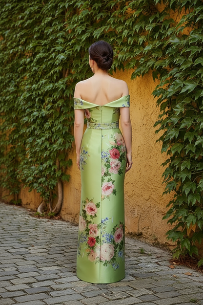 Floral Print Off-the-Shoulder Satin Sheath Gown