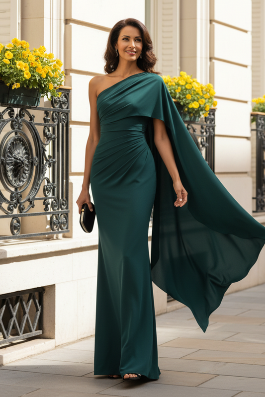 One-Shoulder Ruched Cape Evening Gown