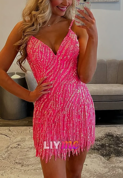 Fringe Sequin V-Neck Mini Party Dress