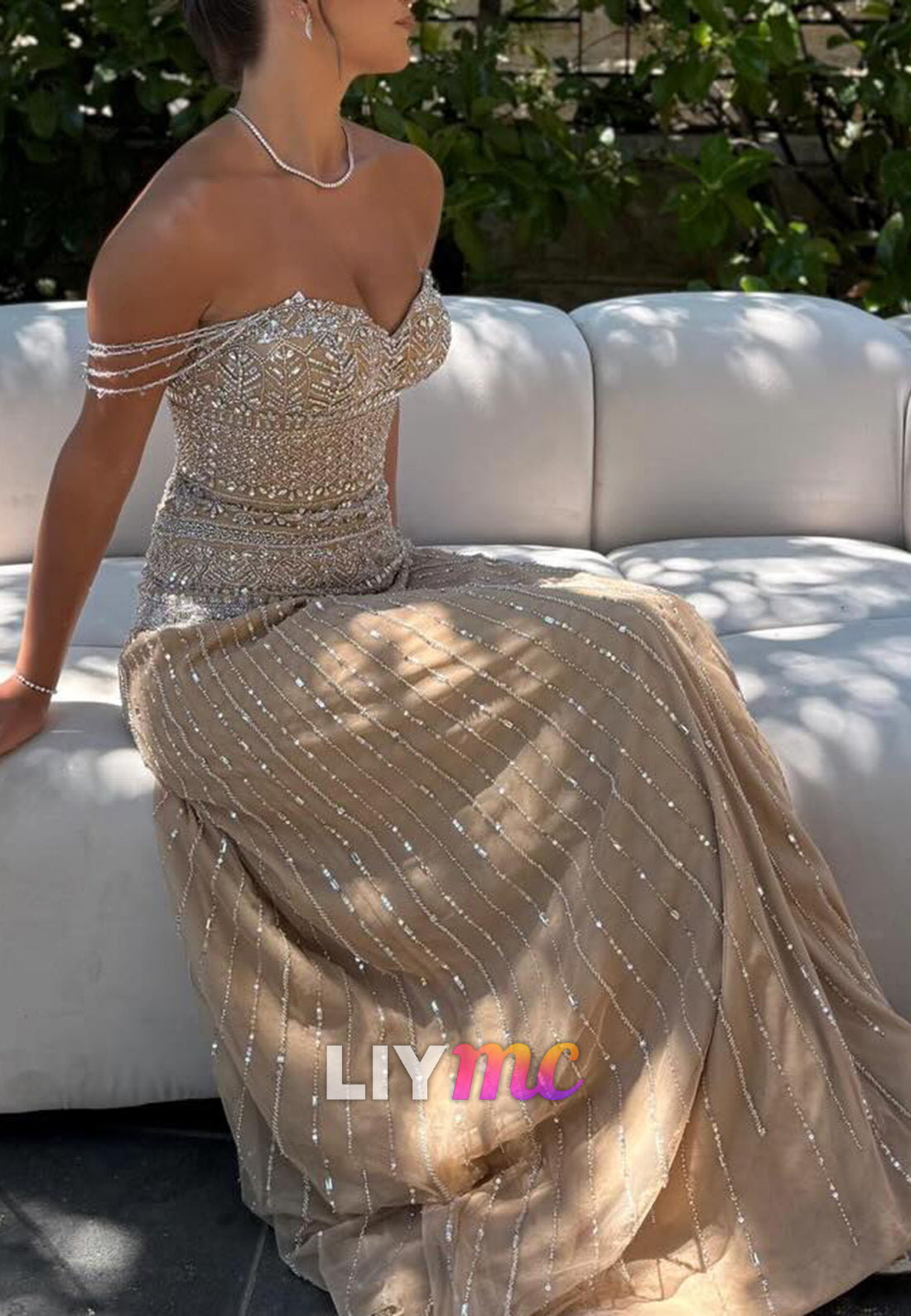 Beaded Sweetheart Off-the-Shoulder Column Gown