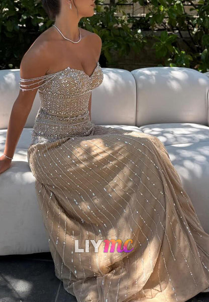 Beaded Sweetheart Off-the-Shoulder Column Gown
