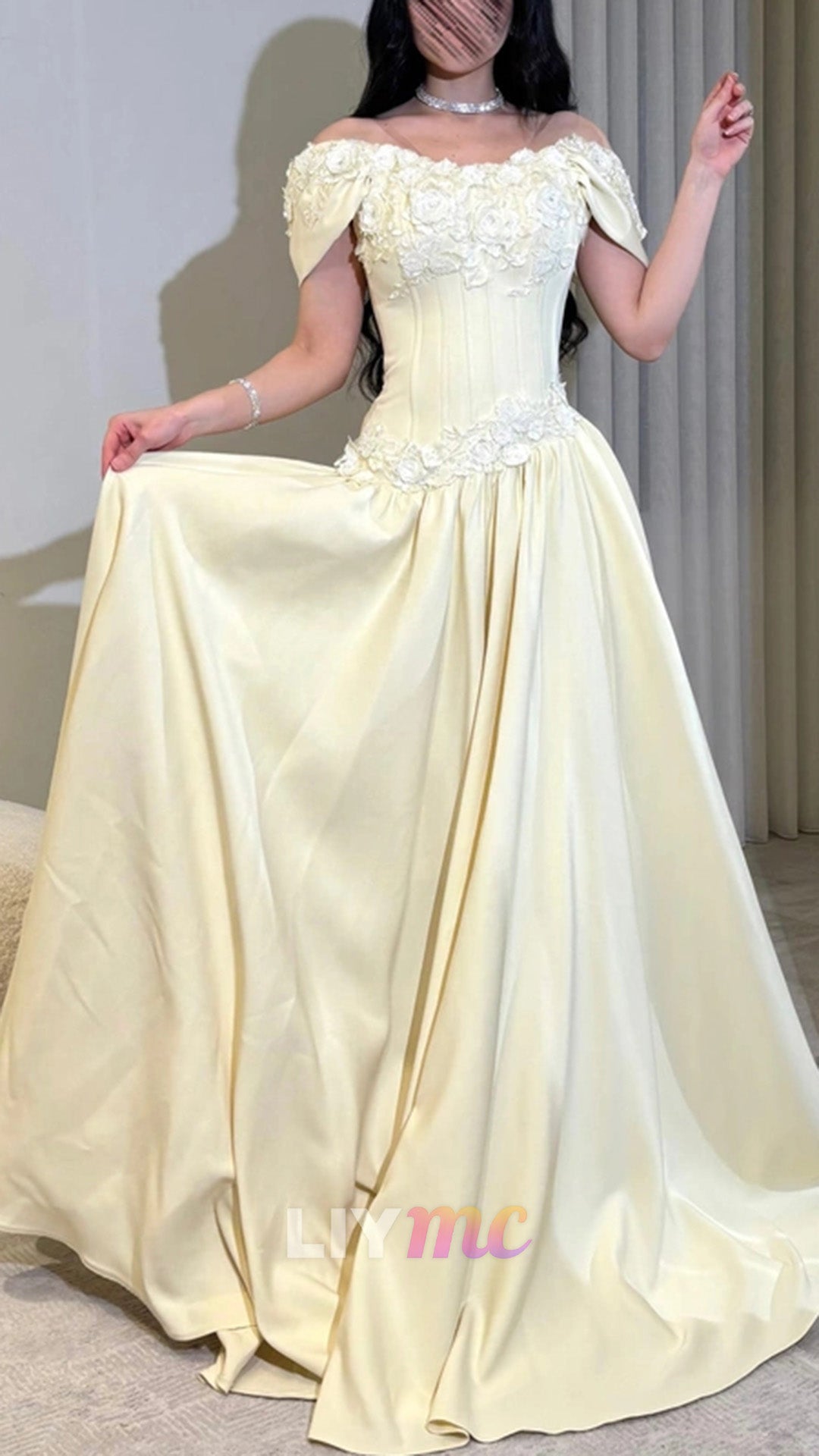 Off-Shoulder Floral Applique Corset Ball Gown