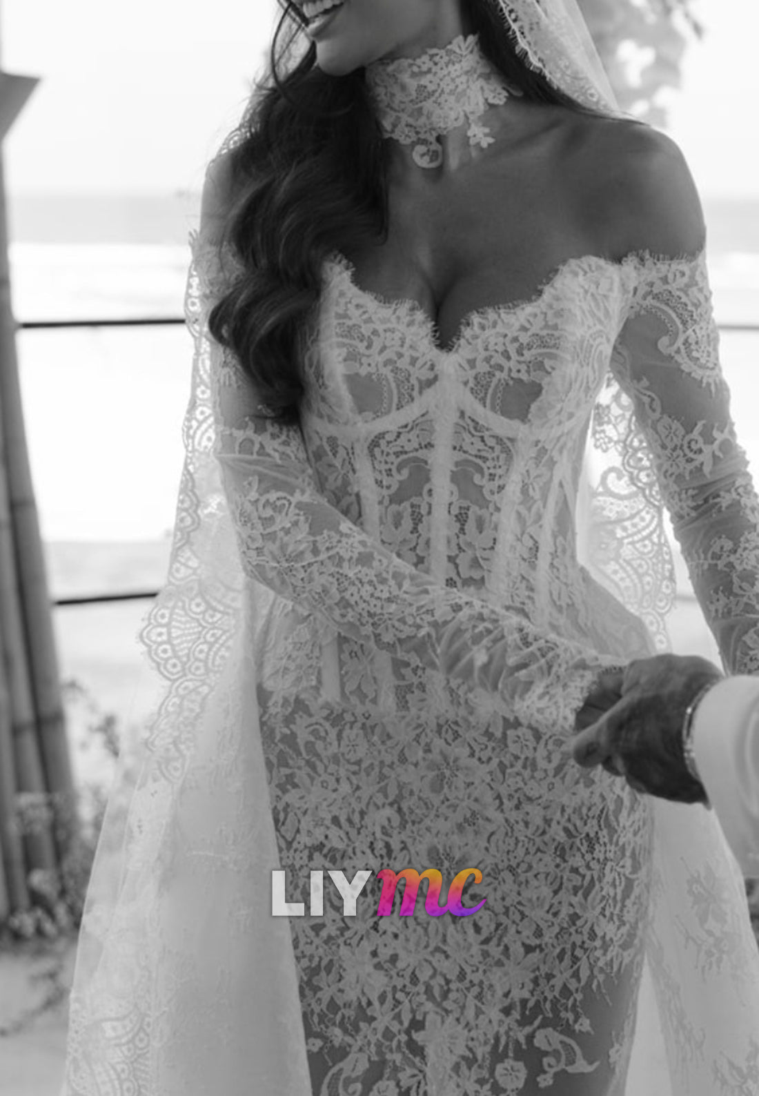 Sheer Lace Corset Mermaid Wedding Dress with Sleeves