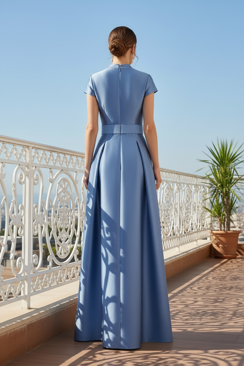 A-Line Satin Gown with Beaded Neckline and Pockets