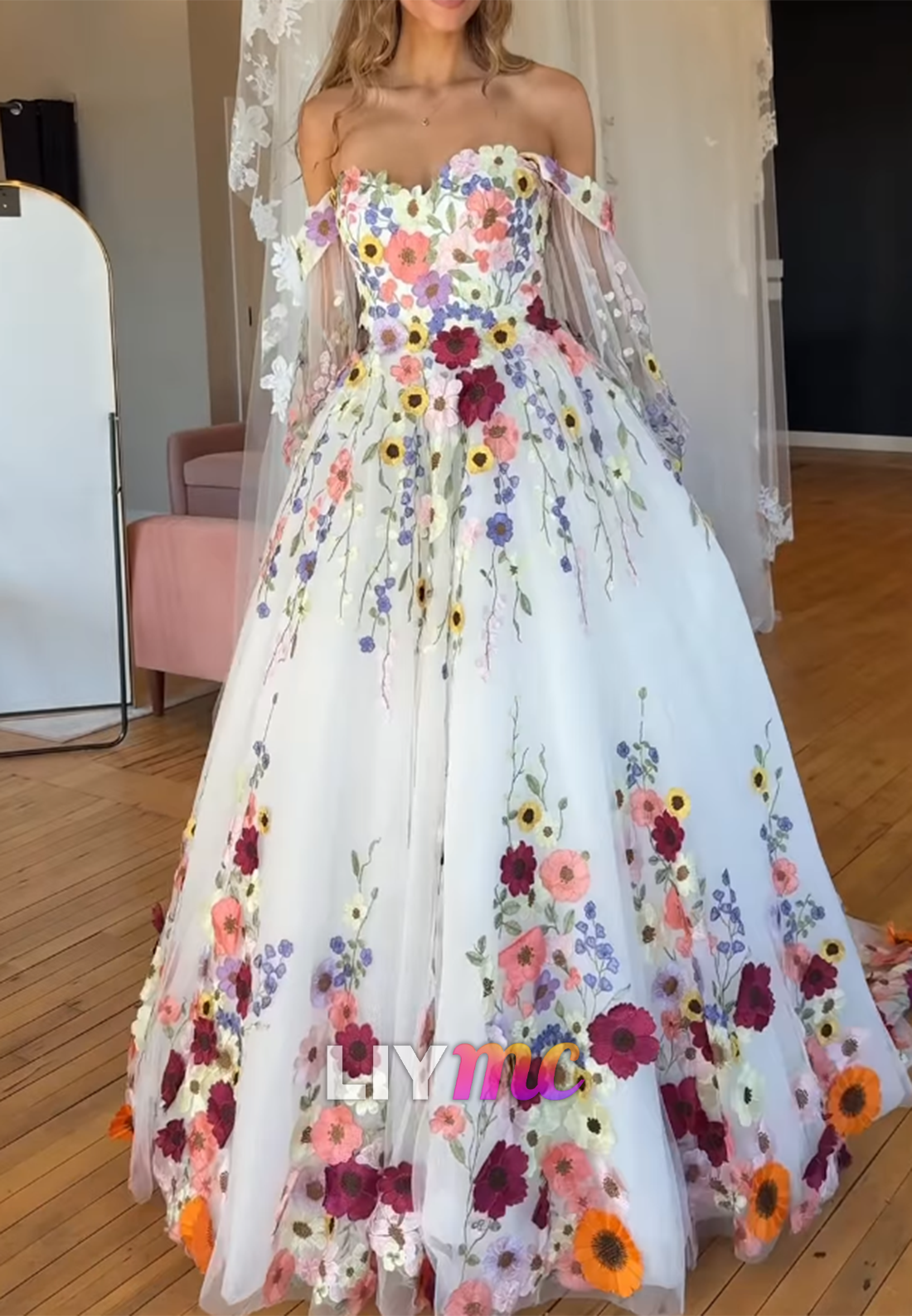 Off Shoulder Floral 3D Applique Ball Gown Wedding Dress
