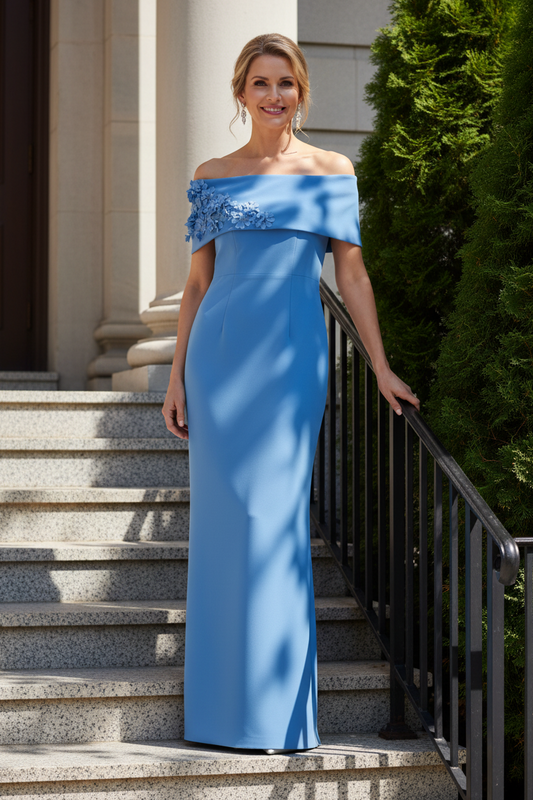 Off-the-Shoulder Column Gown with 3D Flowers